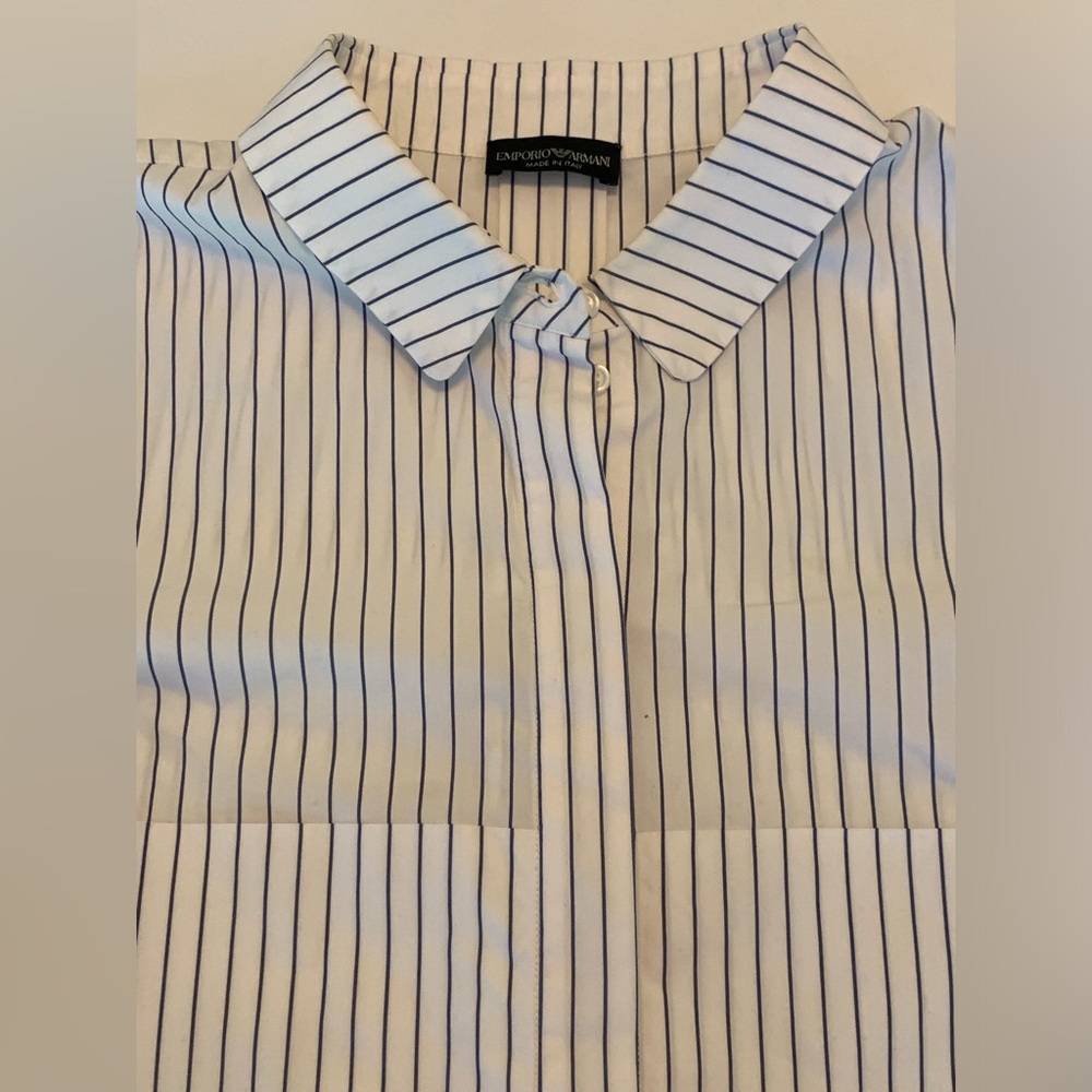 Emporio Armani White Shirt with Navy Pinstripes women’s 44” preppy